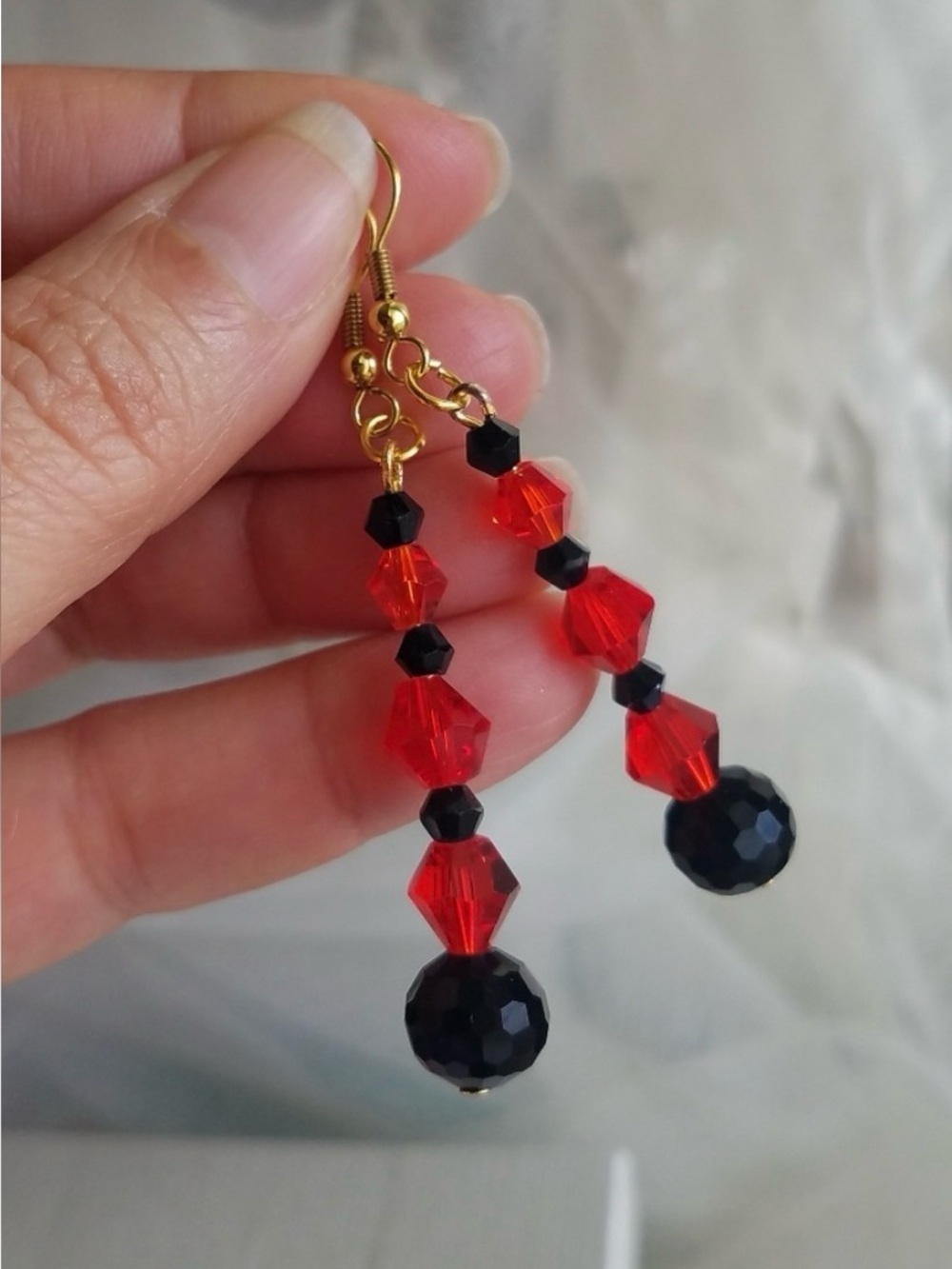 Swarovski Elements Gold Red & Black Crystal Dangling Earrings NWT